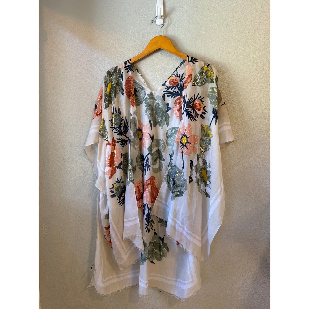 Floral Kimono Wrap Women OS Gold Foil Fringe Boho Beach Coverup White‎